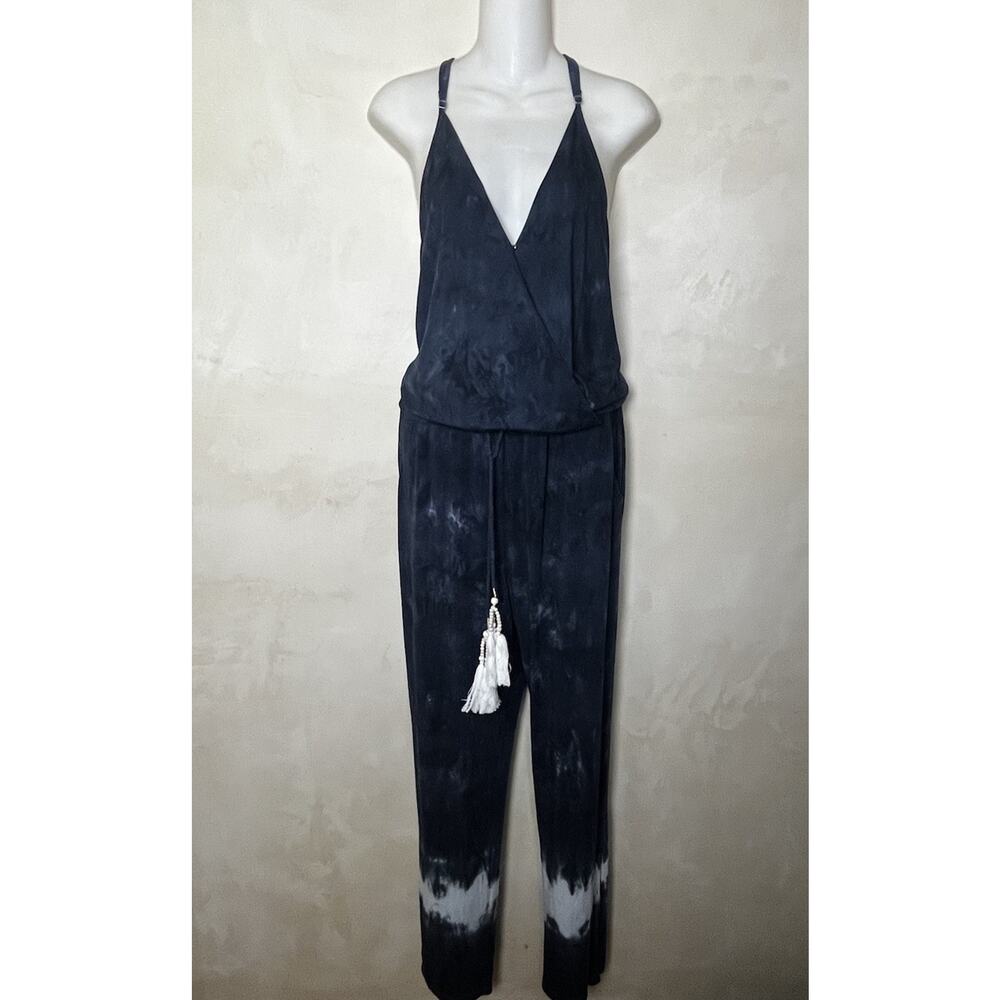 Young Fabulous & Broke Stacey Blue Tie Dye Halter Jumpsuit Tassel Pockets Large - Picture 2 of 8